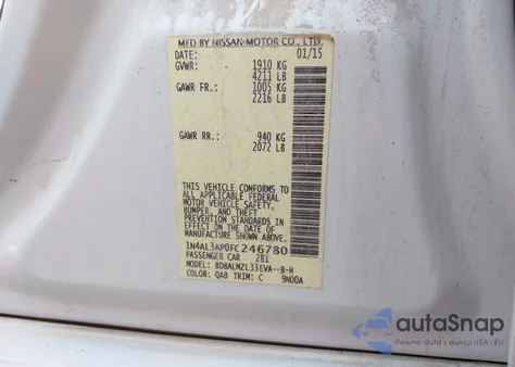 2015 Nissan Altima 2.5 Sv из США, поврежденный, VIN 1N4AL3AP0FC246780